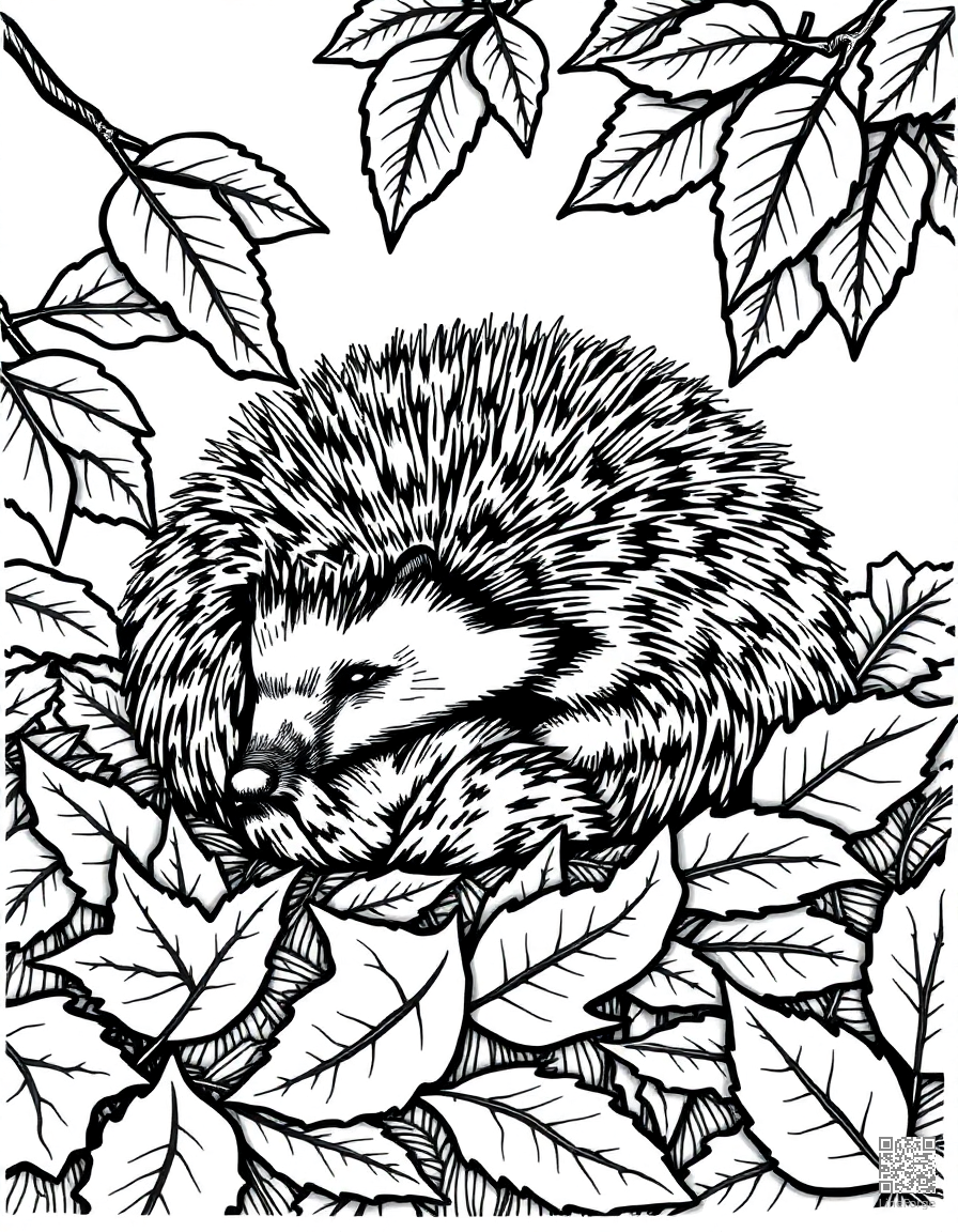 hedgehog curled up among autumn leaves coloring page Crosshatch style - free printable