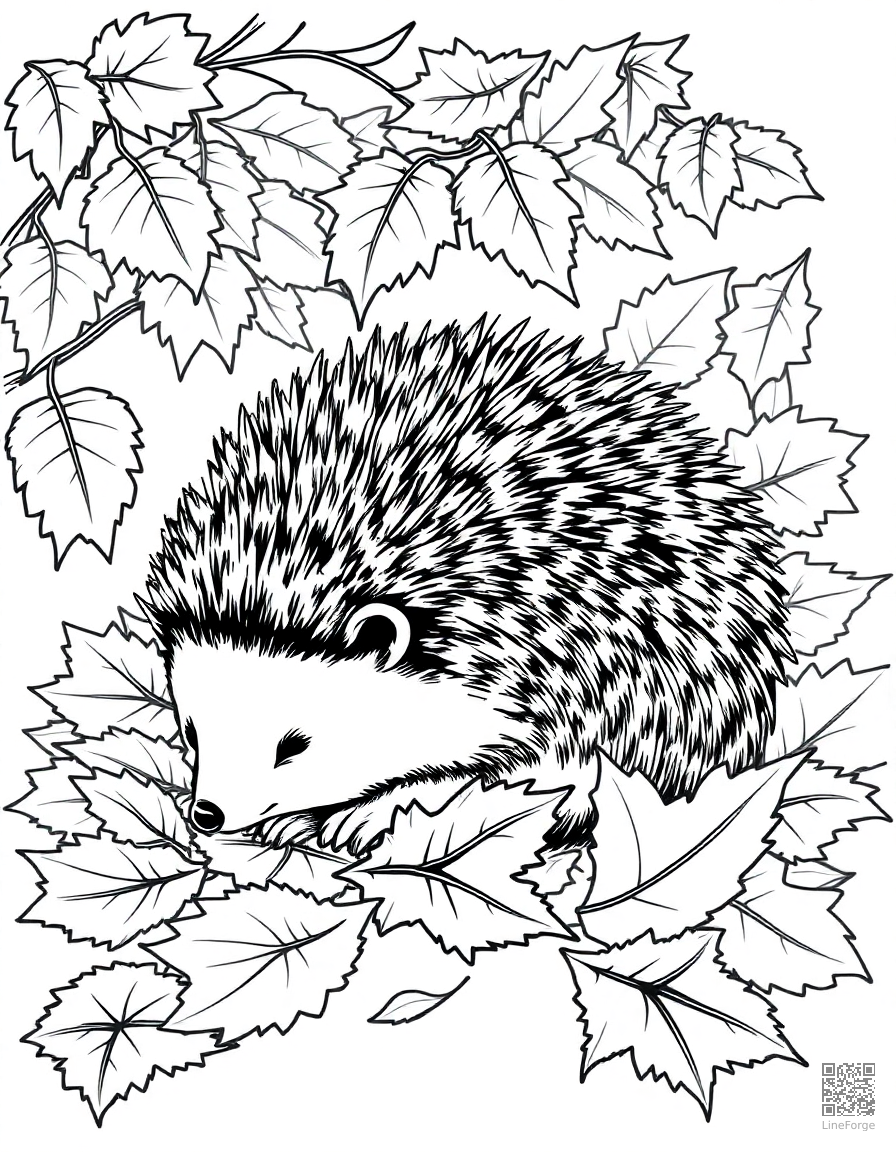 hedgehog curled up among autumn leaves coloring page Manga style - free printable