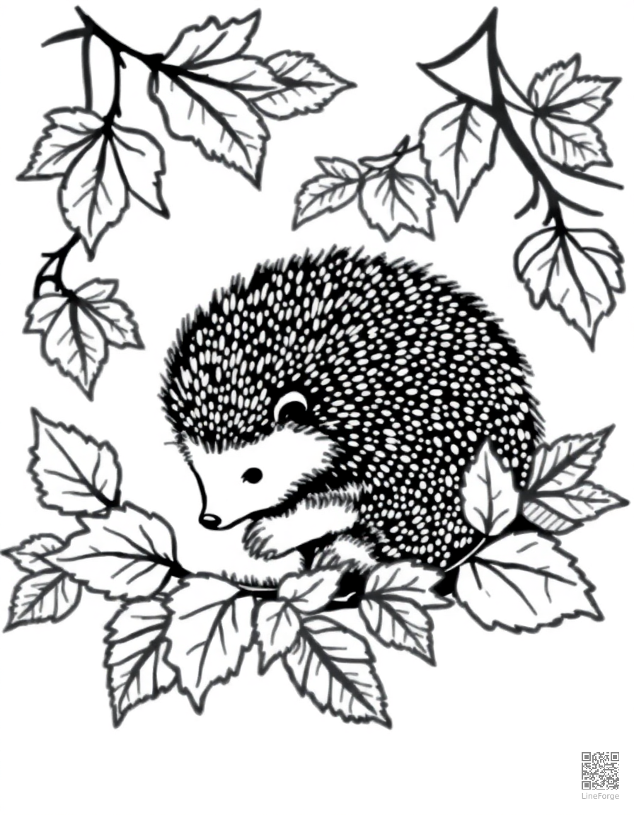 hedgehog curled up among autumn leaves coloring page Stipple style - free printable