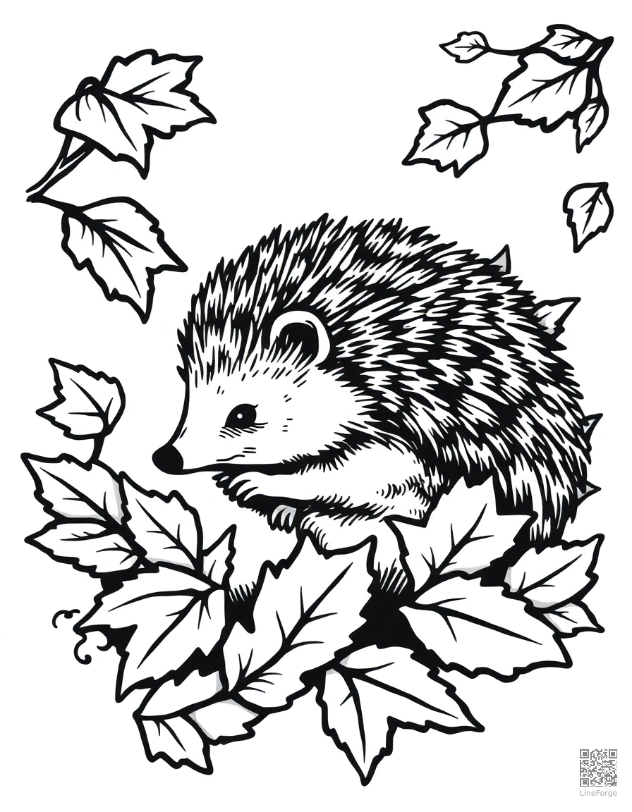 hedgehog curled up among autumn leaves coloring page Woodcut style - free printable