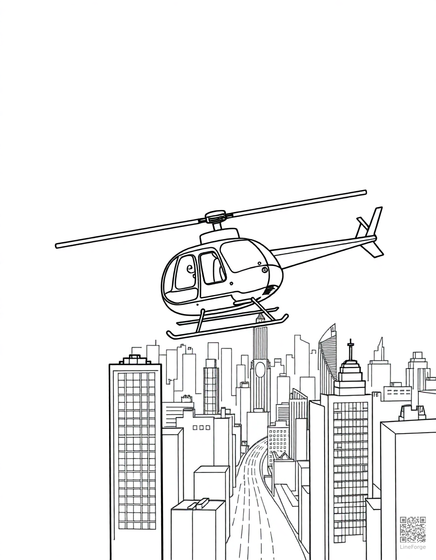 Helicopter flying over a city coloring page Contour style - free printable