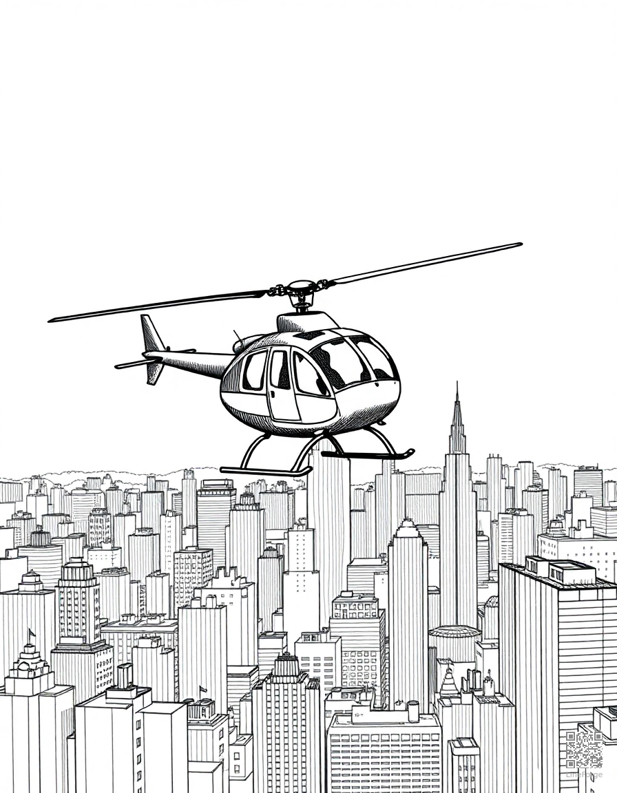 Helicopter flying over a city coloring page Crosshatch style - free printable