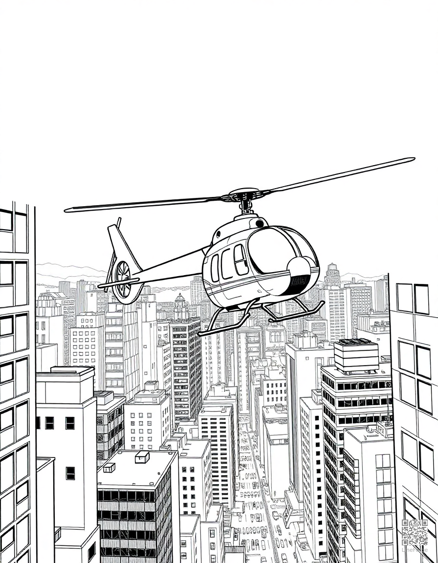 Helicopter flying over a city coloring page Manga style - free printable