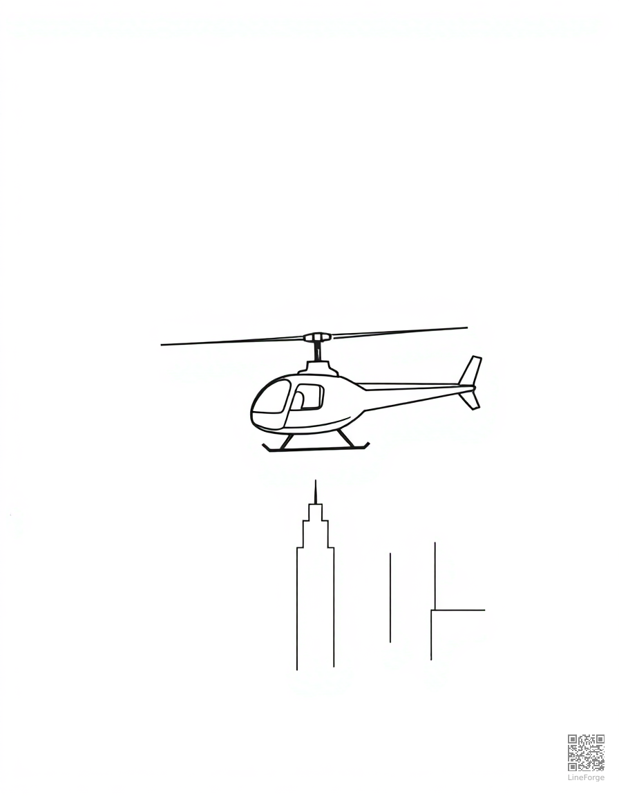 Helicopter flying over a city coloring page Minimal style - free printable