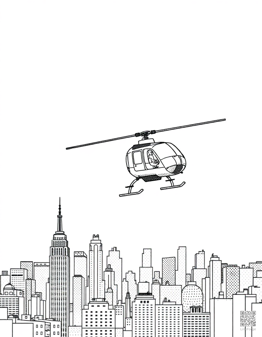 Helicopter flying over a city coloring page Stipple style - free printable