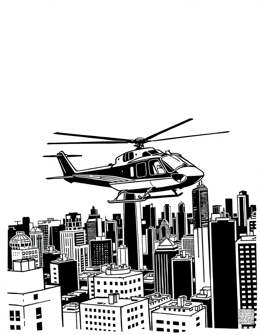 Helicopter flying over a city coloring page Woodcut style - free printable