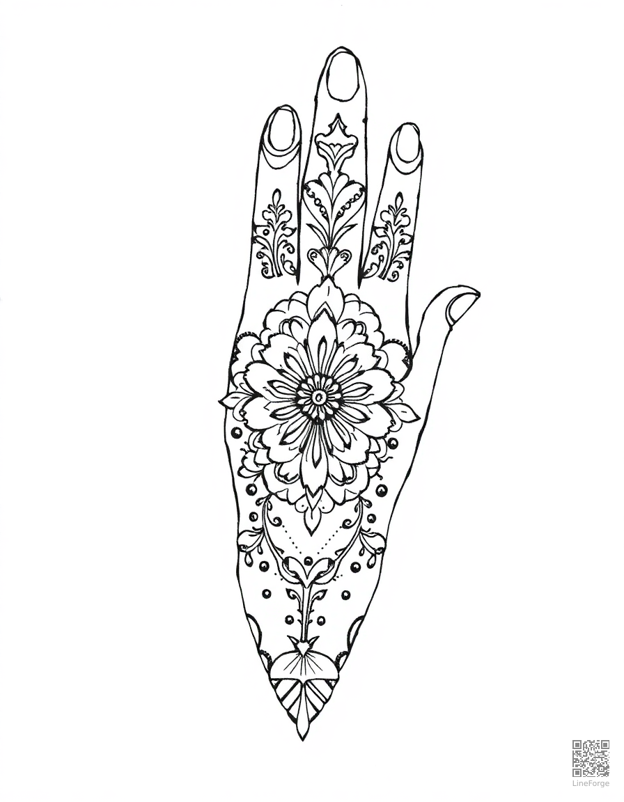 henna hand design with detailed patterns coloring page Crosshatch style - free printable