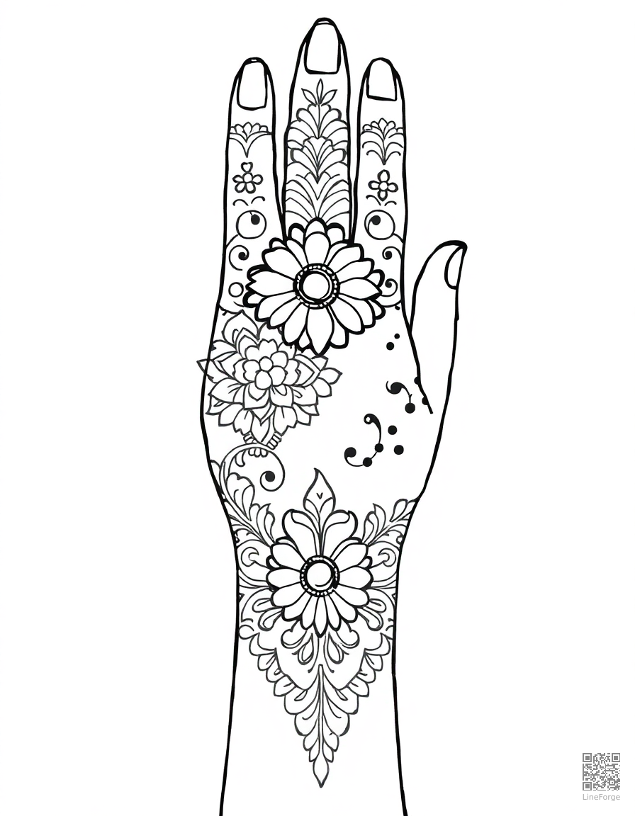 henna hand design with detailed patterns coloring page Manga style - free printable