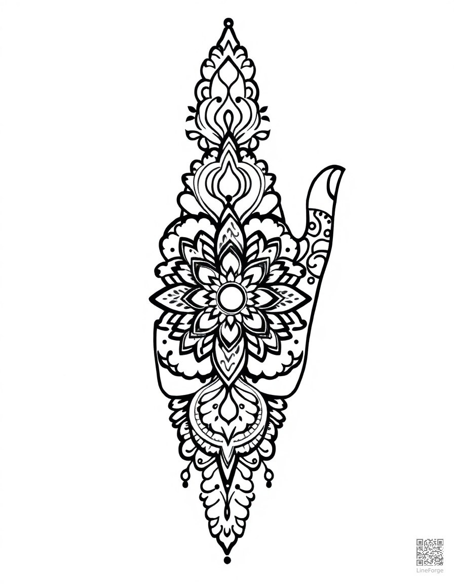 henna hand design with detailed patterns coloring page Stipple style - free printable