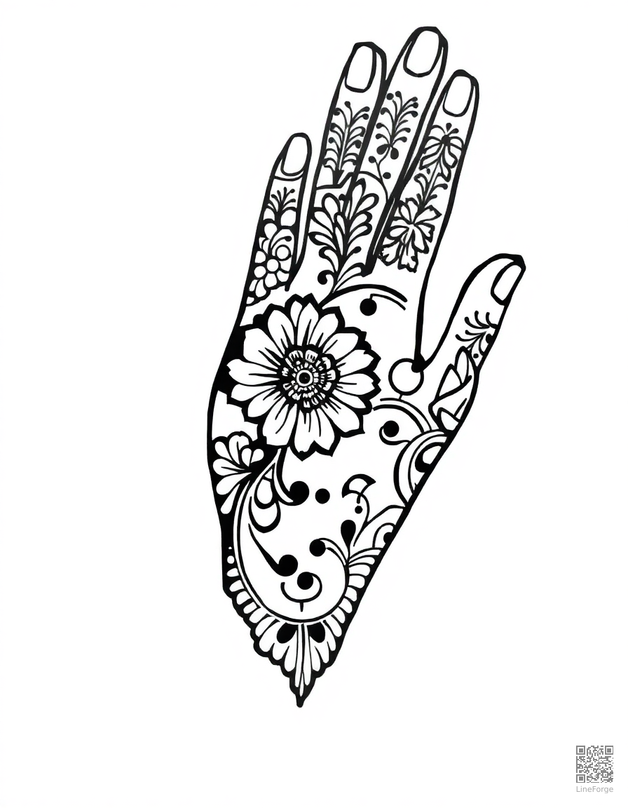 henna hand design with detailed patterns coloring page Woodcut style - free printable
