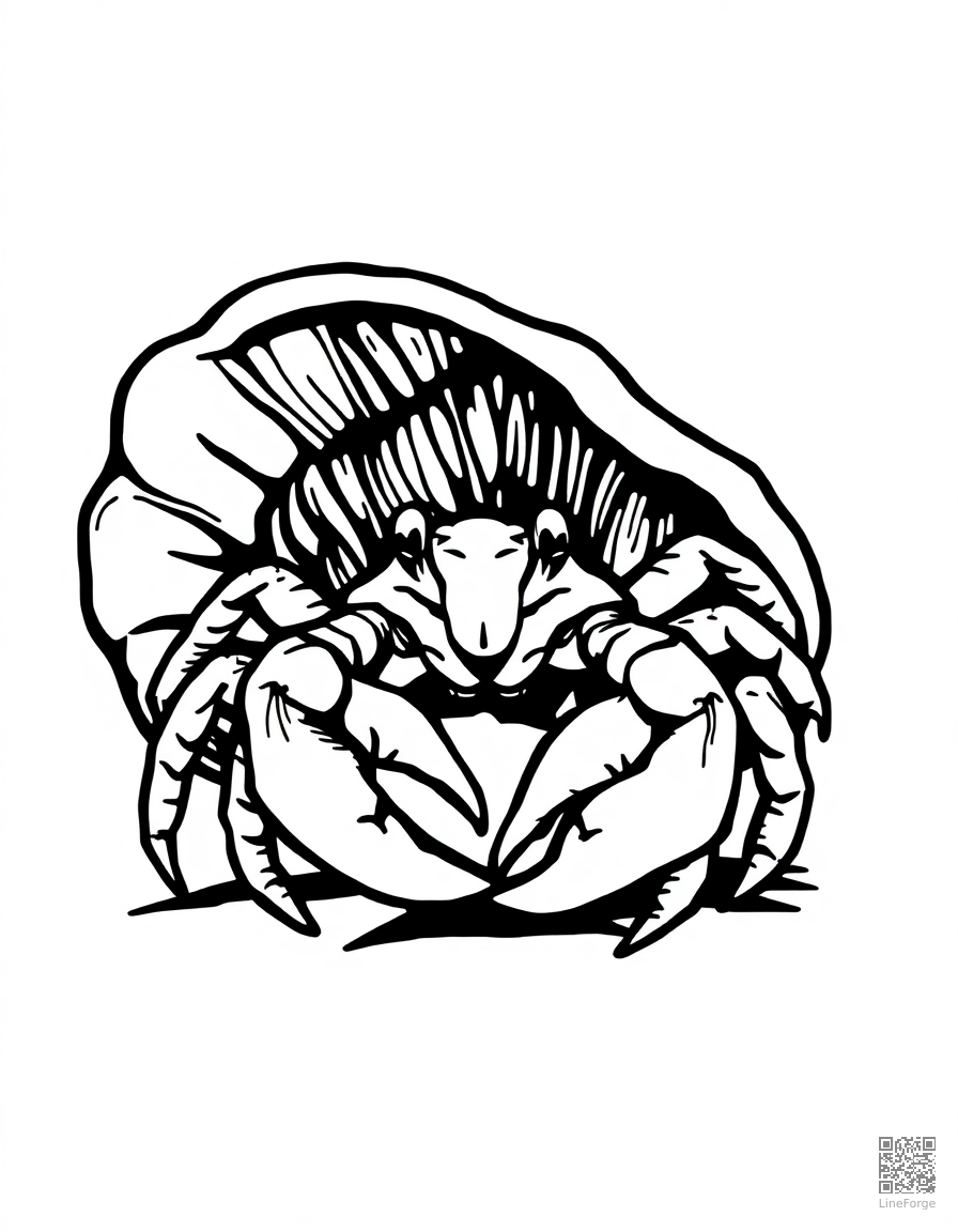 hermit crab in a fancy shell coloring page Woodcut style - free printable