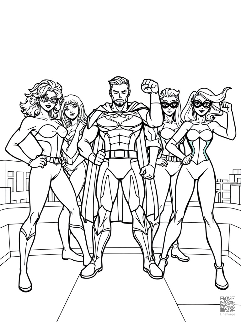 Free hero team of five in power poses on a rooftop coloring page in contour style — printable line art