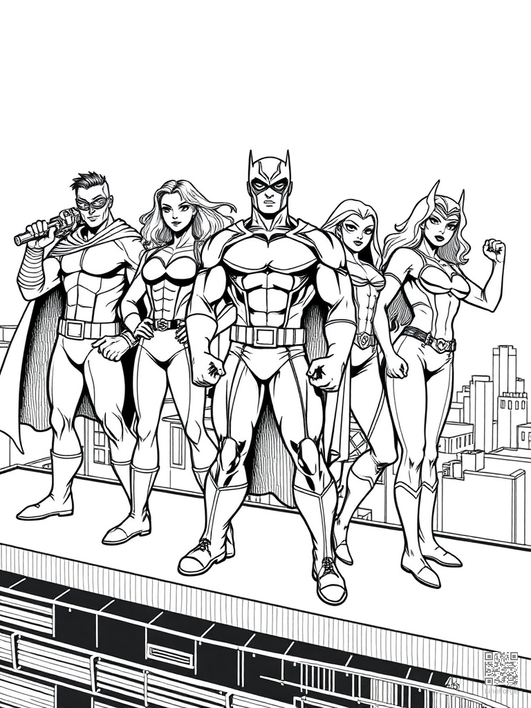 Free hero team of five in power poses on a rooftop coloring page in crosshatch style — printable line art