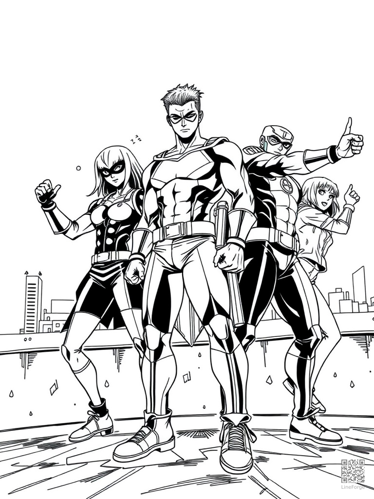 Free hero team of five in power poses on a rooftop coloring page in manga style — printable line art