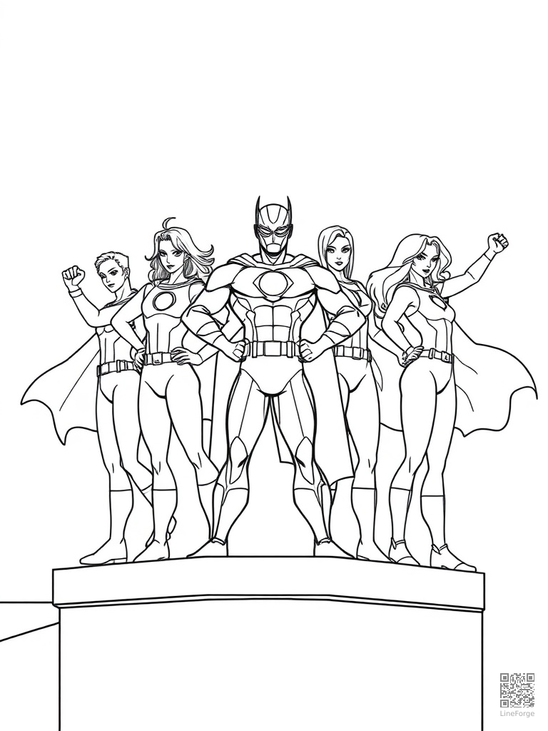 Free hero team of five in power poses on a rooftop coloring page in minimal style — printable line art