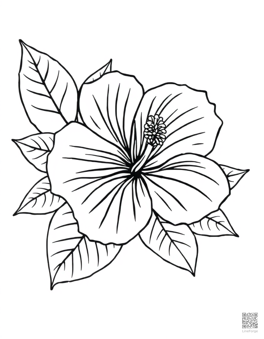 hibiscus flower with tropical leaves coloring page Contour style - free printable
