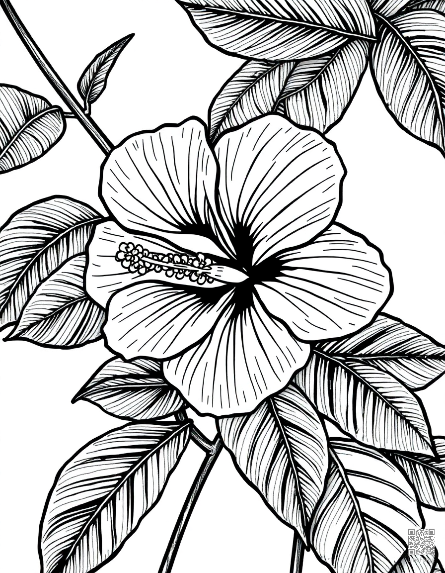hibiscus flower with tropical leaves coloring page Crosshatch style - free printable