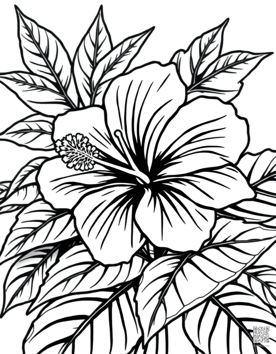 hibiscus flower with tropical leaves coloring page Manga style - free printable