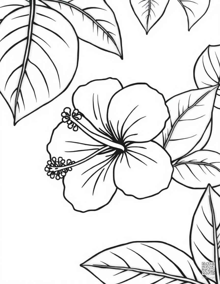 hibiscus flower with tropical leaves coloring page Minimal style - free printable