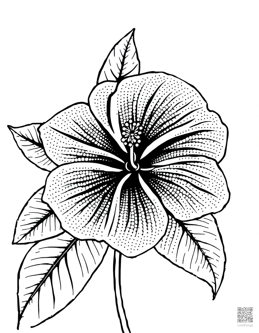 hibiscus flower with tropical leaves coloring page Stipple style - free printable