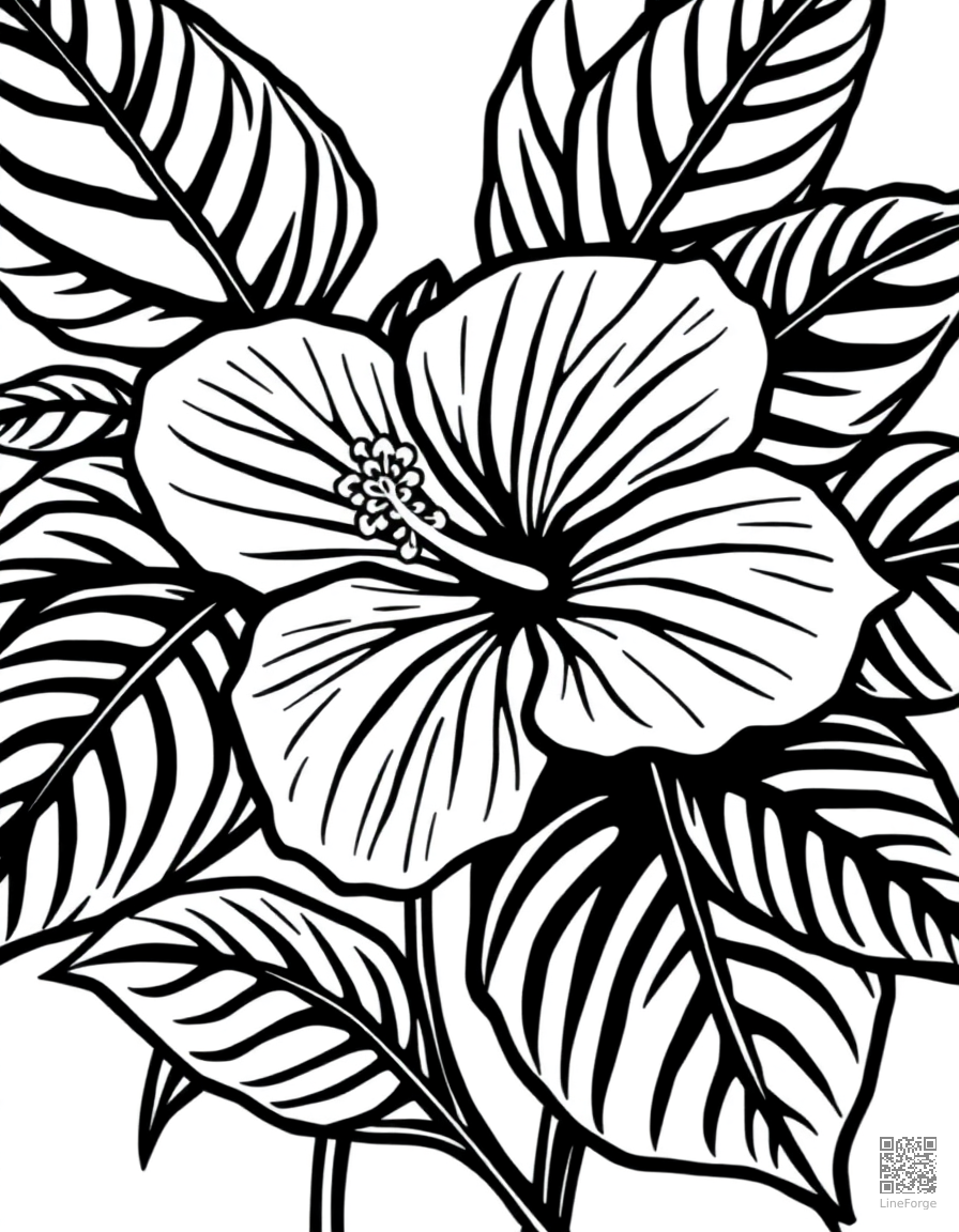 hibiscus flower with tropical leaves coloring page Woodcut style - free printable