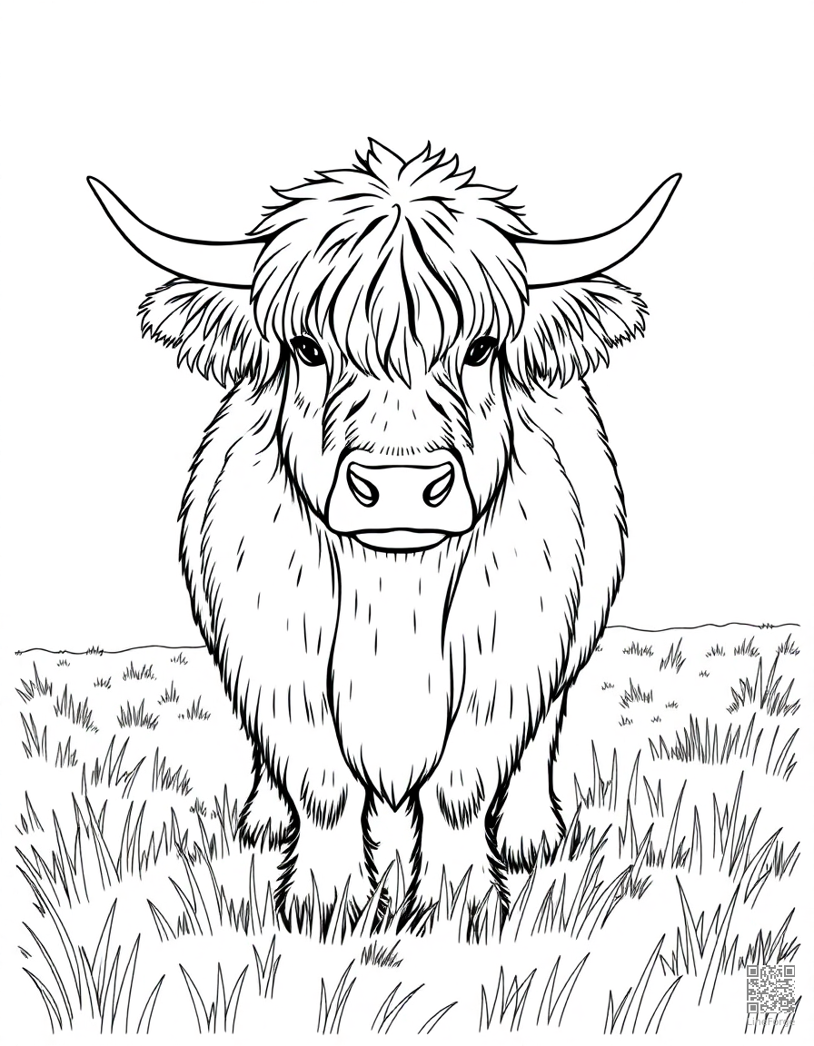 highland cow with fluffy hair in a field coloring page Contour style - free printable