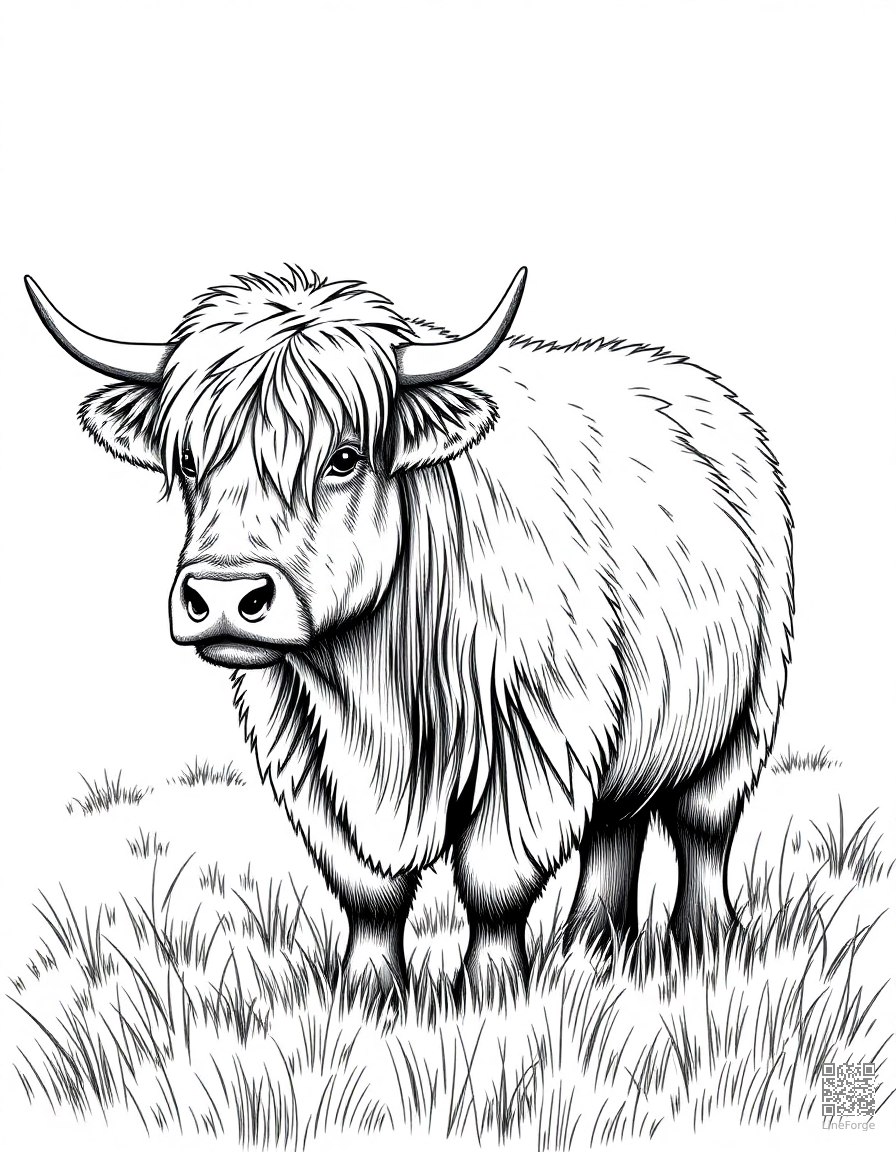 highland cow with fluffy hair in a field coloring page Crosshatch style - free printable