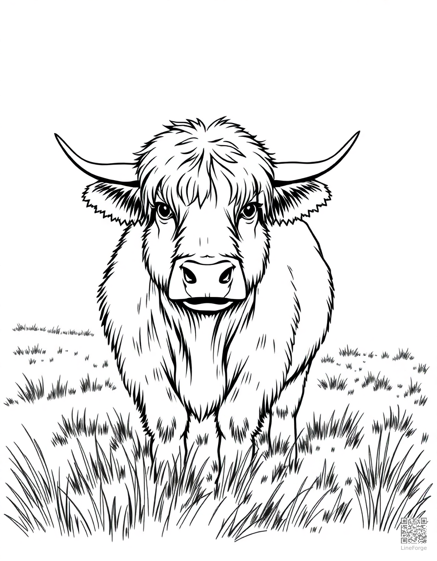 highland cow with fluffy hair in a field coloring page Manga style - free printable