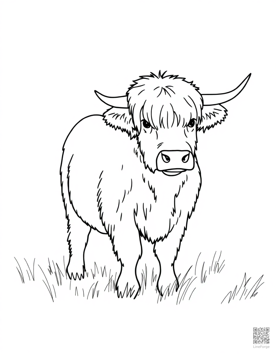highland cow with fluffy hair in a field coloring page Minimal style - free printable