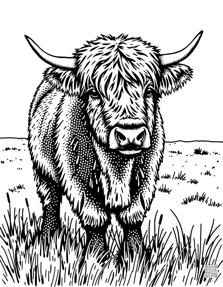 highland cow with fluffy hair in a field coloring page Stipple style - free printable