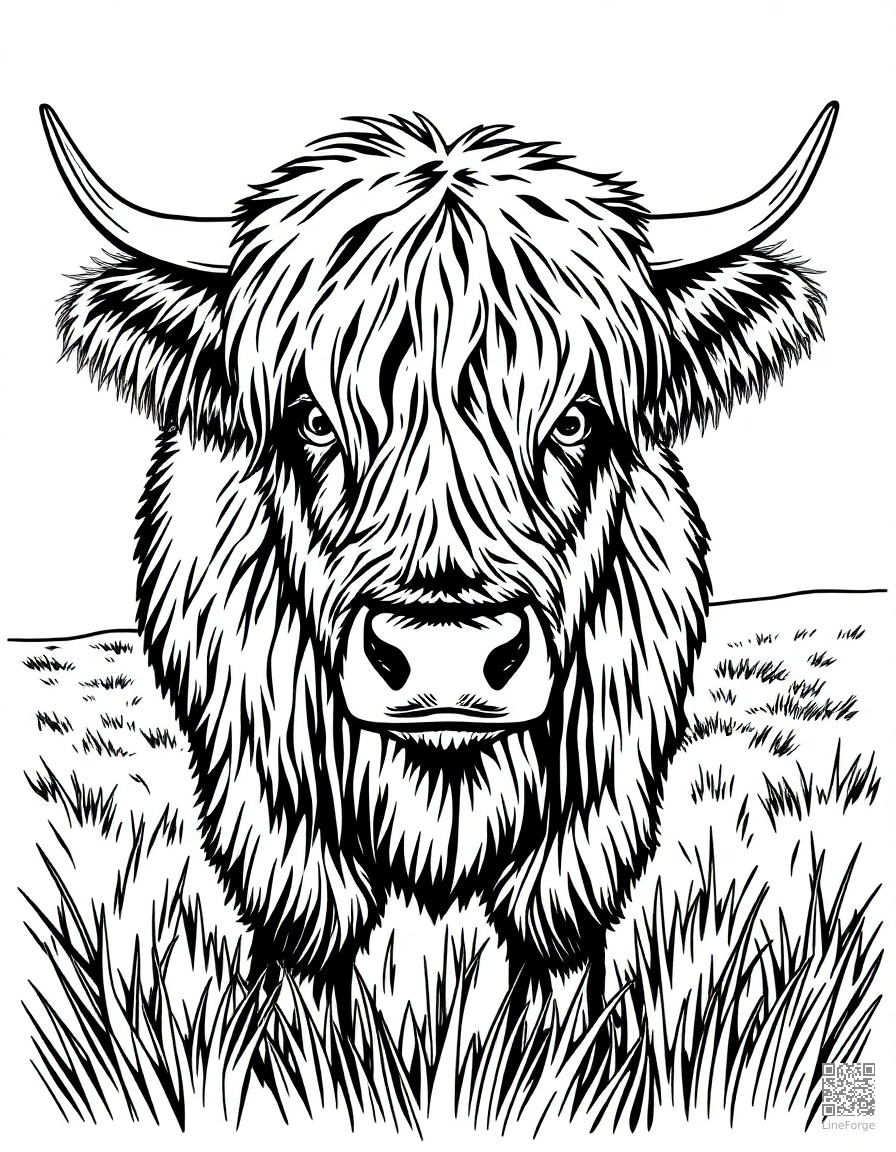 highland cow with fluffy hair in a field coloring page Woodcut style - free printable