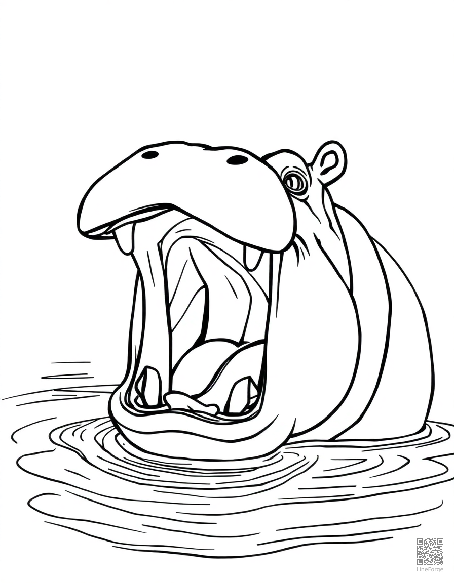 hippo with mouth wide open in a river coloring page Contour style - free printable