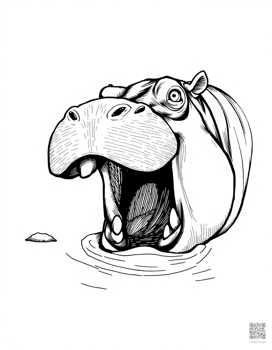 hippo with mouth wide open in a river coloring page Crosshatch style - free printable