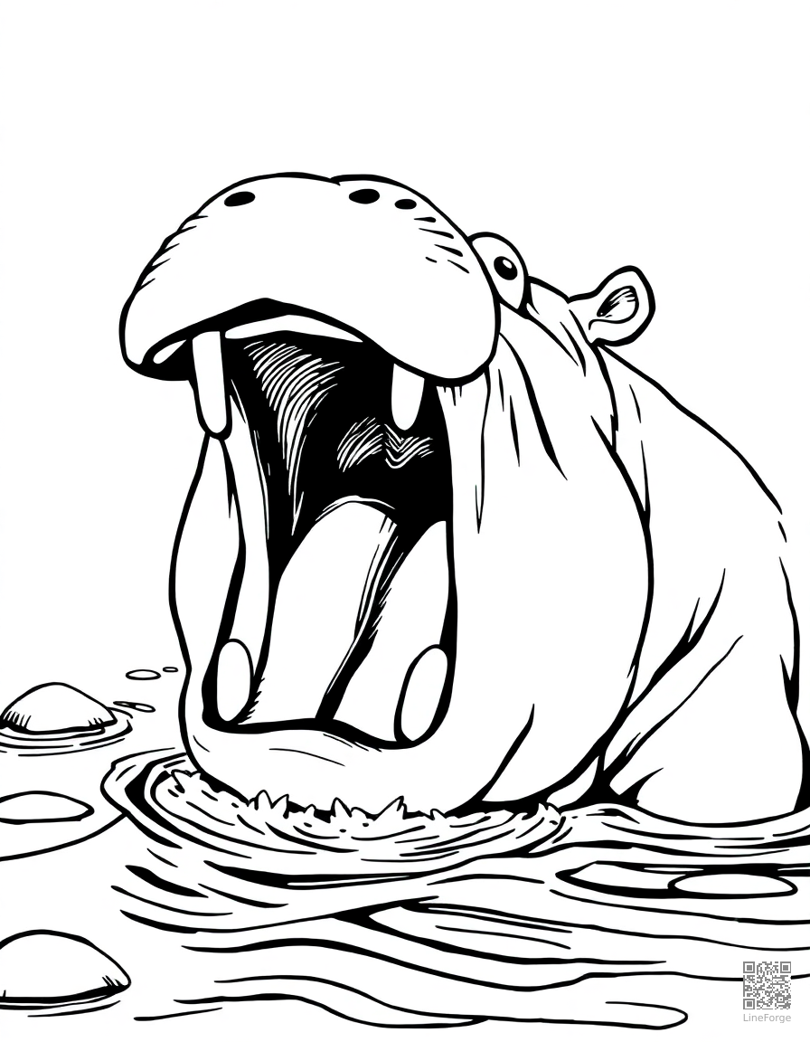 hippo with mouth wide open in a river coloring page Manga style - free printable
