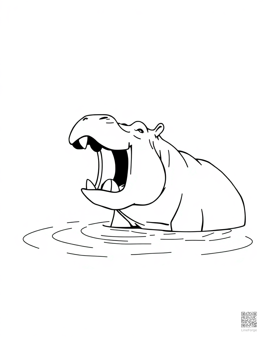 hippo with mouth wide open in a river coloring page Minimal style - free printable