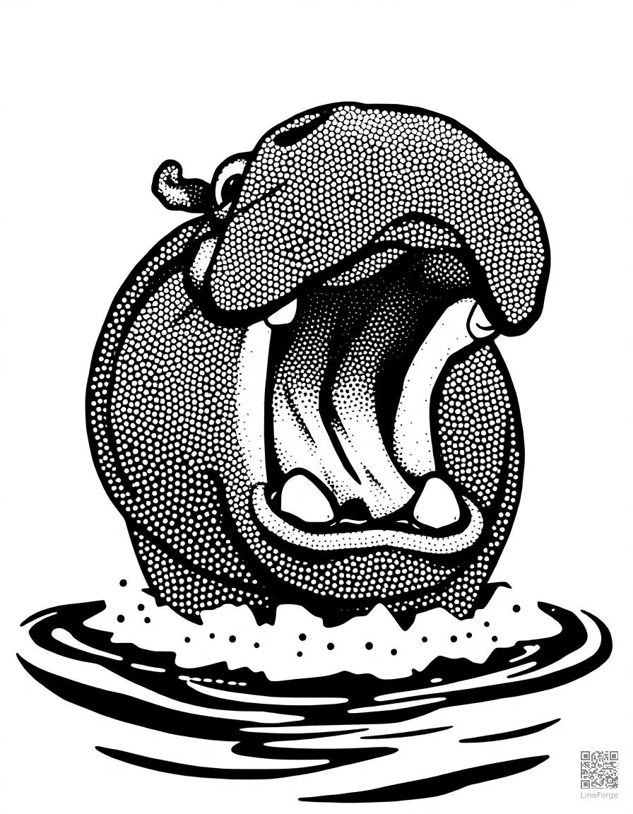 hippo with mouth wide open in a river coloring page Stipple style - free printable