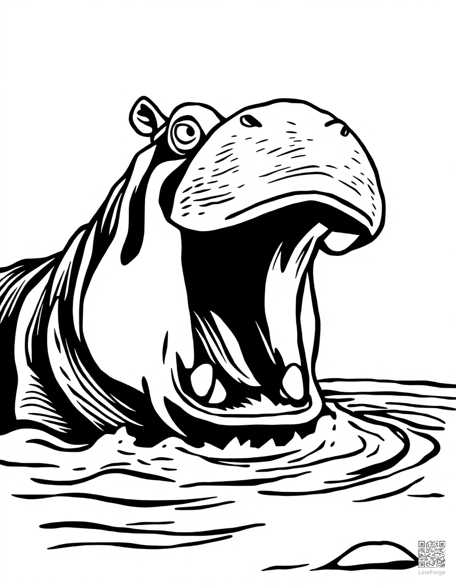 hippo with mouth wide open in a river coloring page Woodcut style - free printable