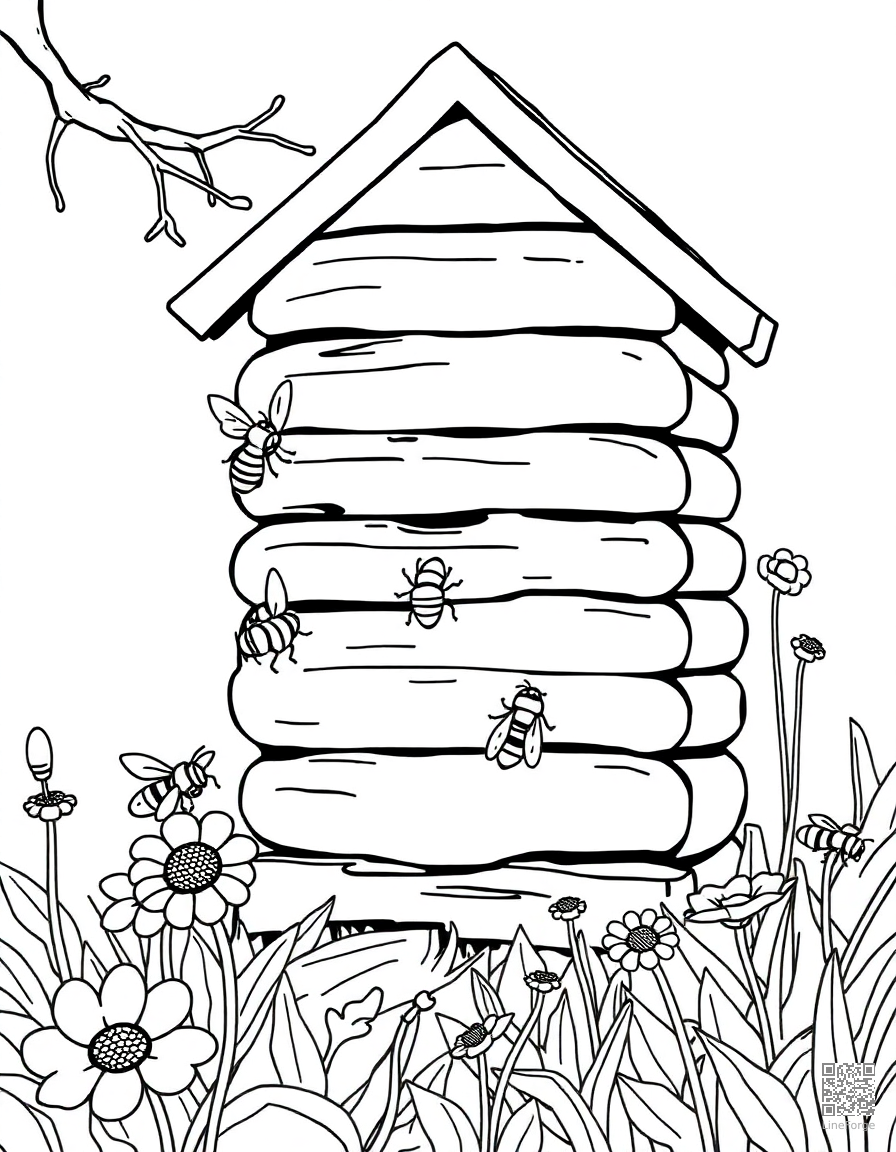 honeybee hive with bees working coloring page Contour style - free printable