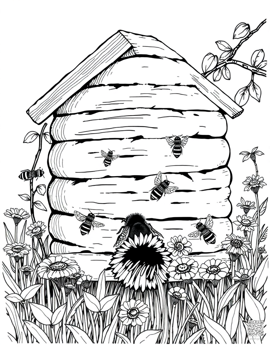 honeybee hive with bees working coloring page Crosshatch style - free printable