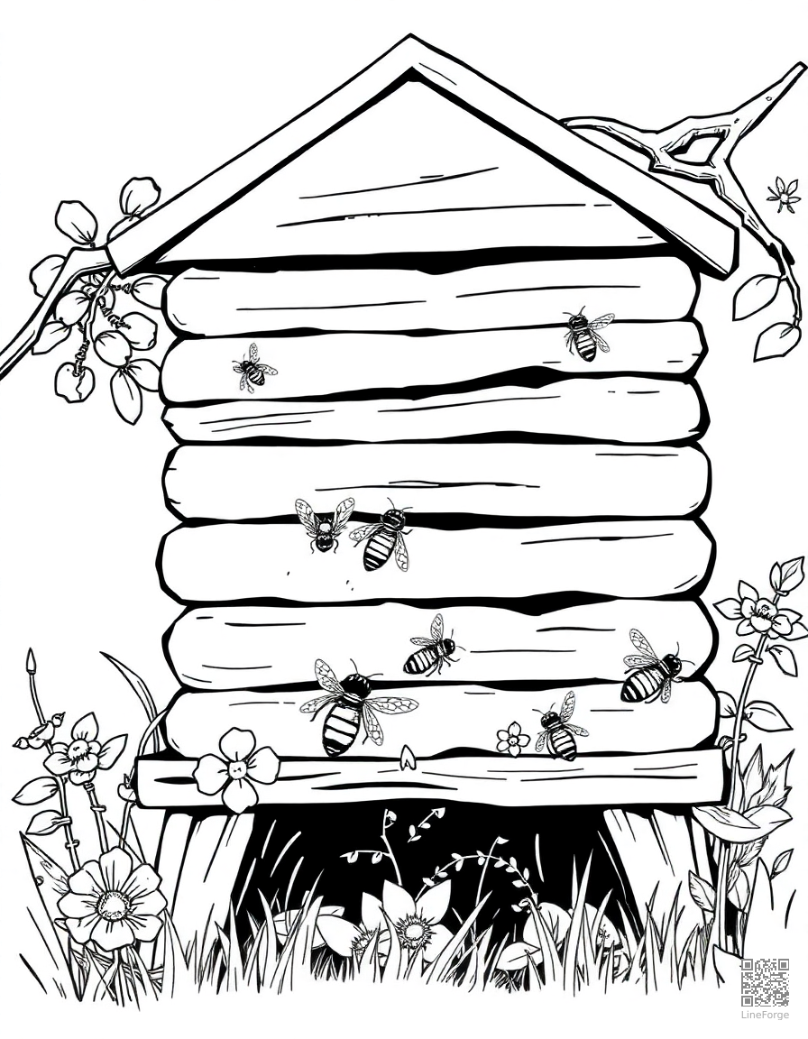 honeybee hive with bees working coloring page Manga style - free printable