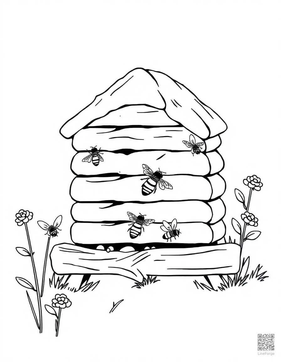honeybee hive with bees working coloring page Minimal style - free printable