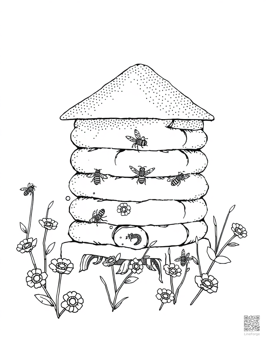 honeybee hive with bees working coloring page Stipple style - free printable