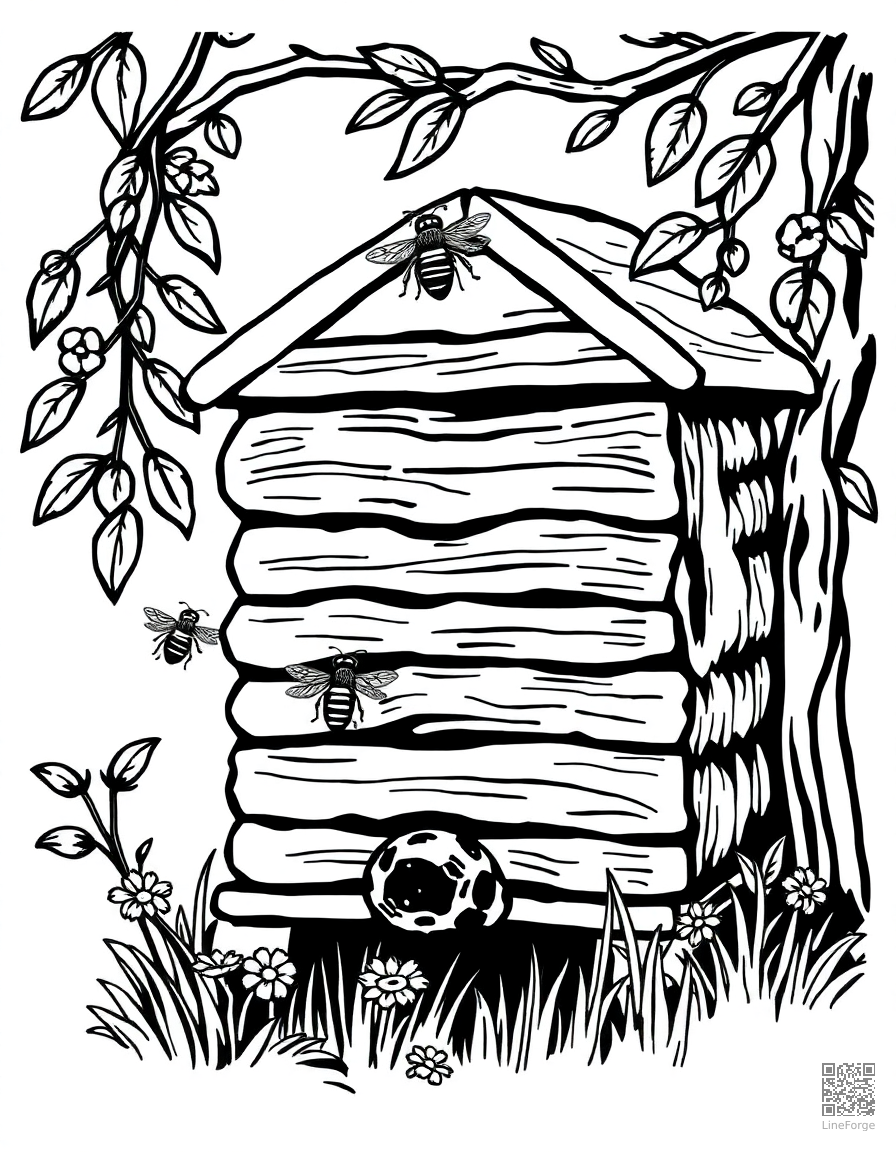 honeybee hive with bees working coloring page Woodcut style - free printable