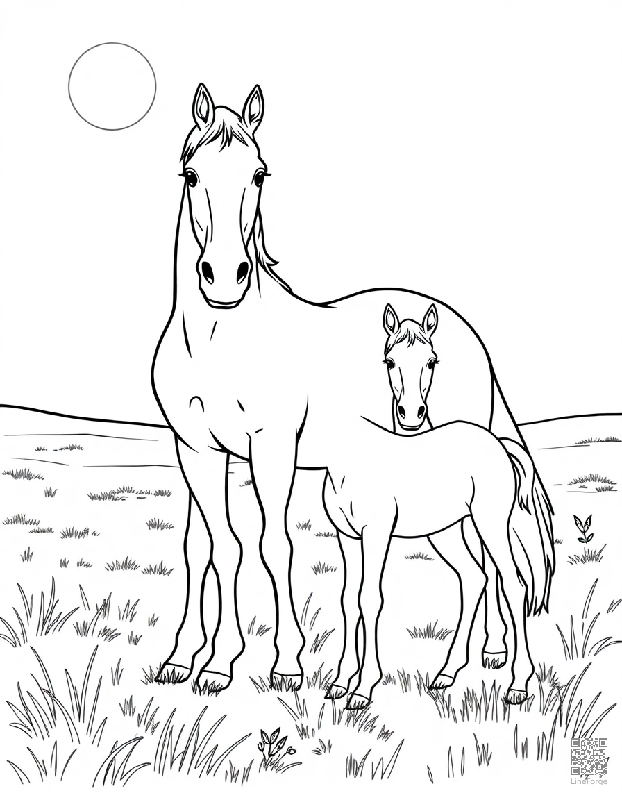 horse and foal standing in a sunlit pasture coloring page Contour style - free printable