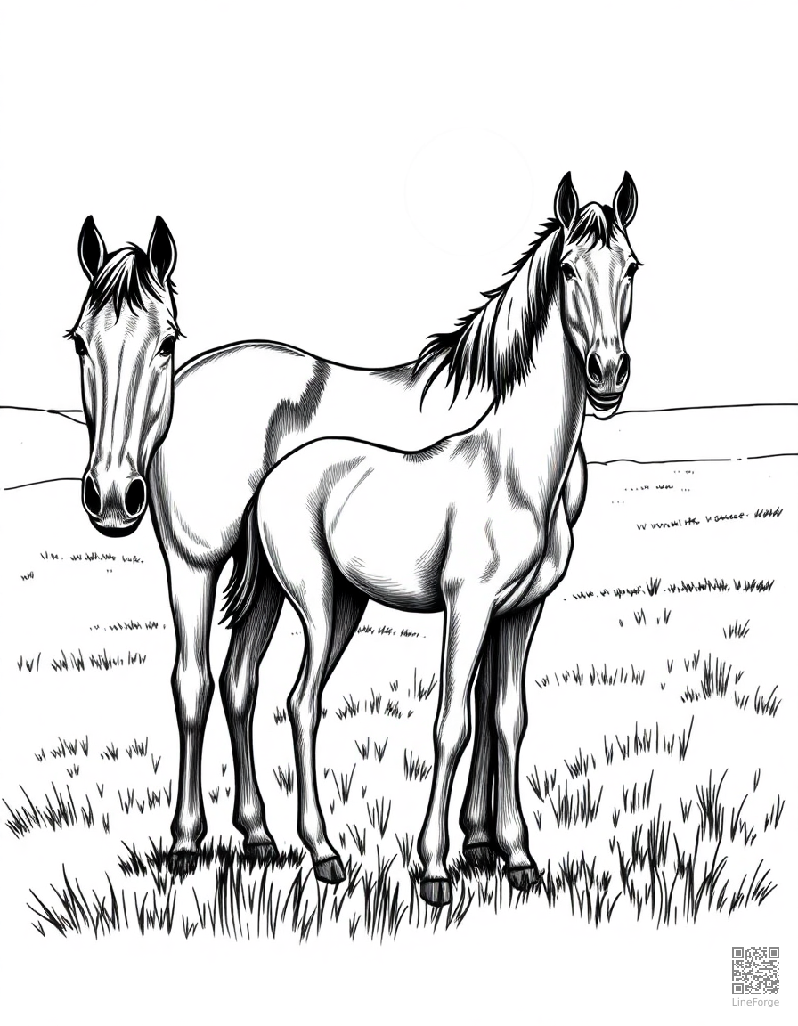 horse and foal standing in a sunlit pasture coloring page Crosshatch style - free printable