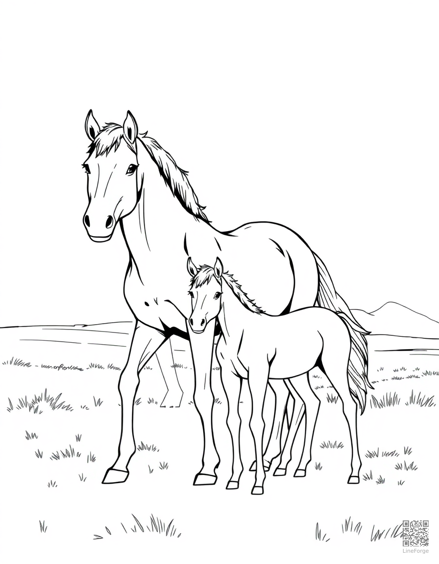 horse and foal standing in a sunlit pasture coloring page Manga style - free printable
