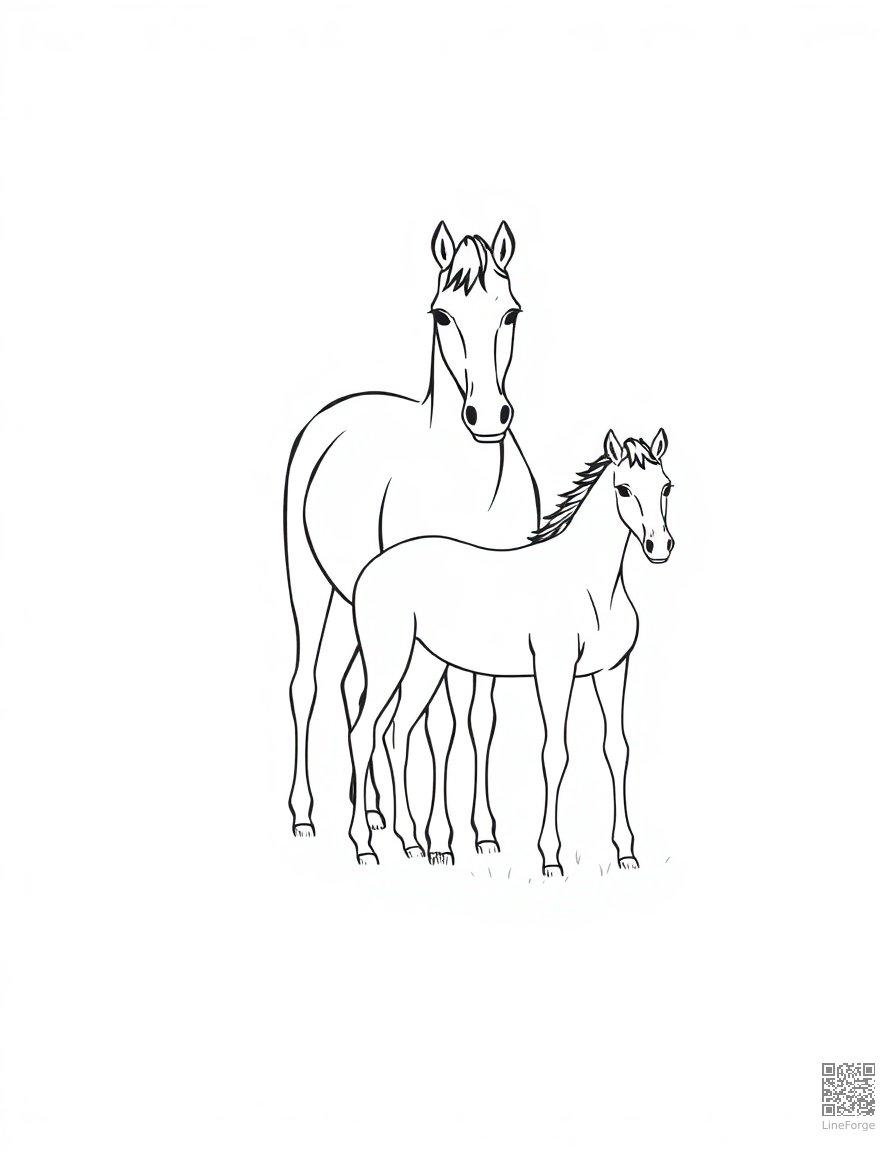 Free horse and foal standing in a sunlit pasture coloring page in minimal style — printable line art