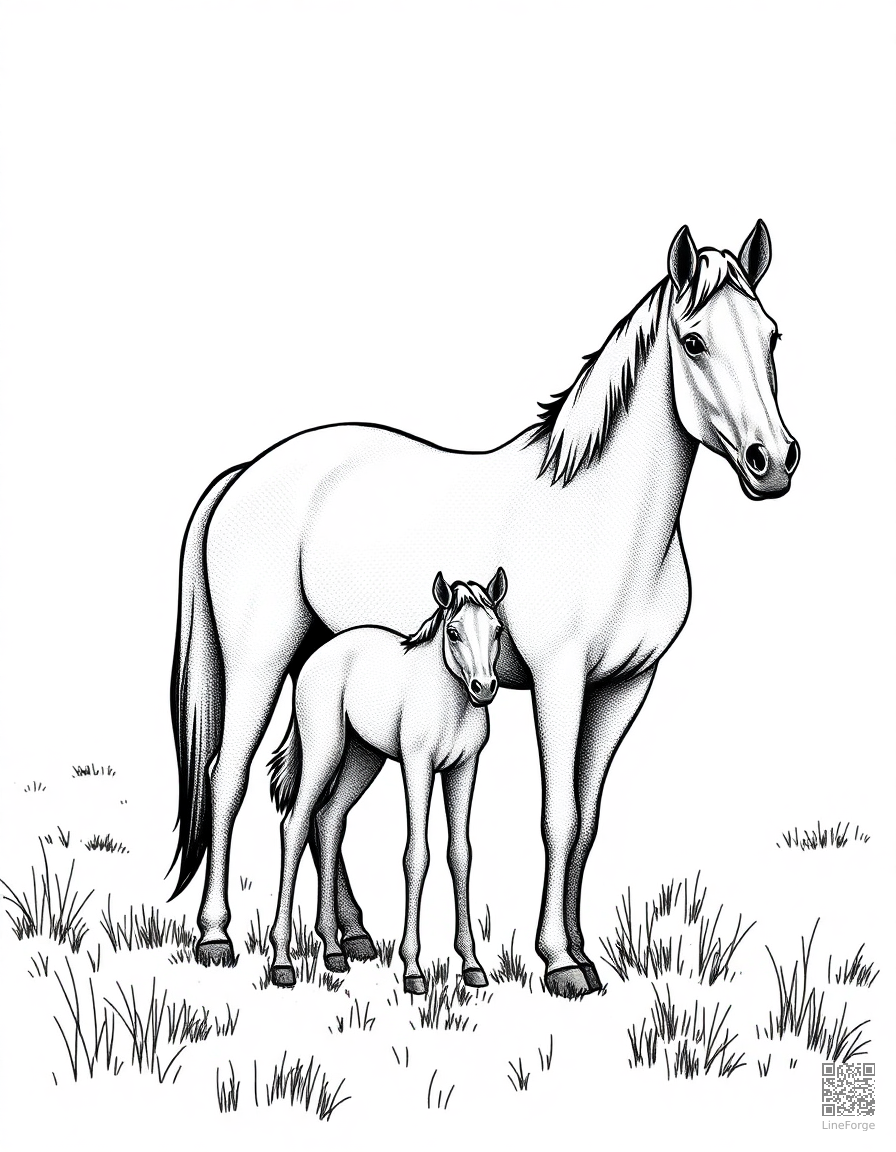 horse and foal standing in a sunlit pasture coloring page Stipple style - free printable