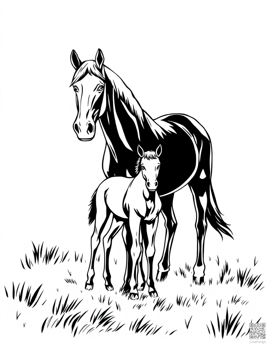 horse and foal standing in a sunlit pasture coloring page Woodcut style - free printable