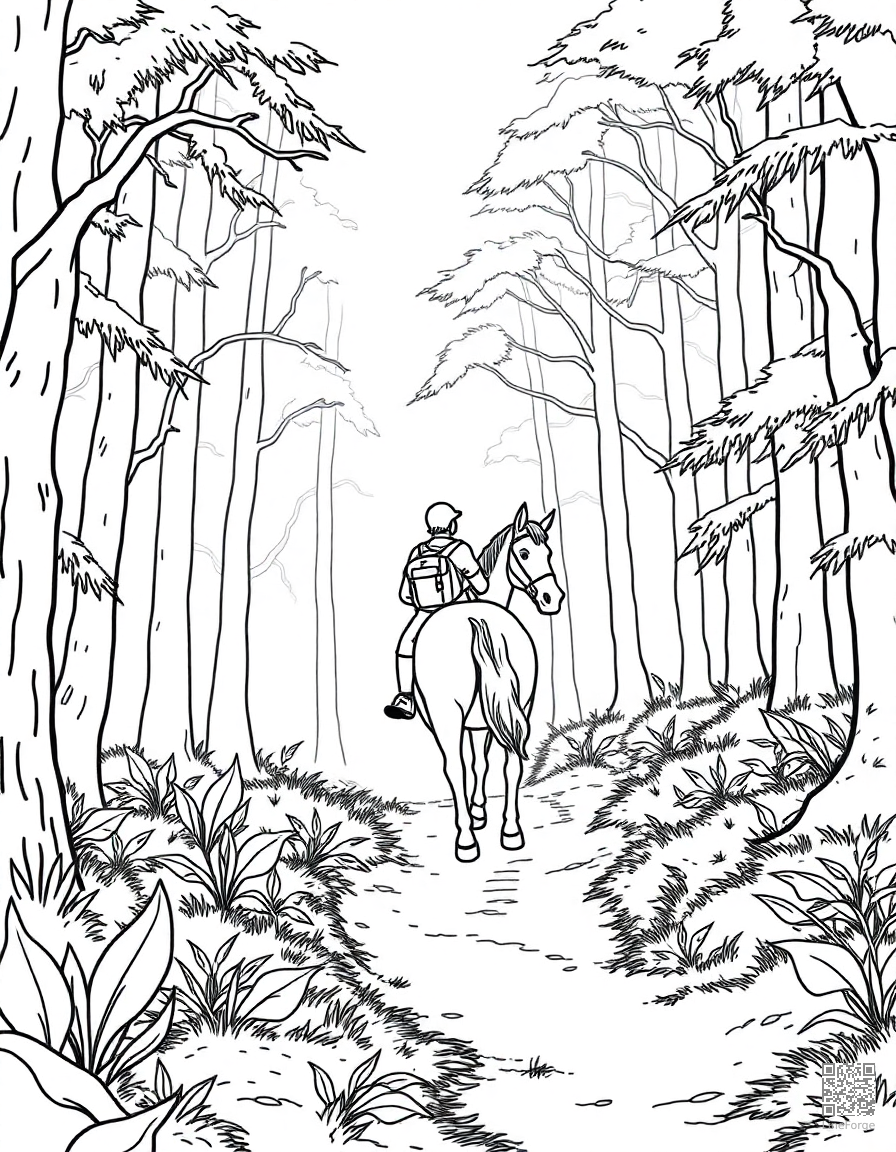 horse and rider exploring a forest trail coloring page Contour style - free printable